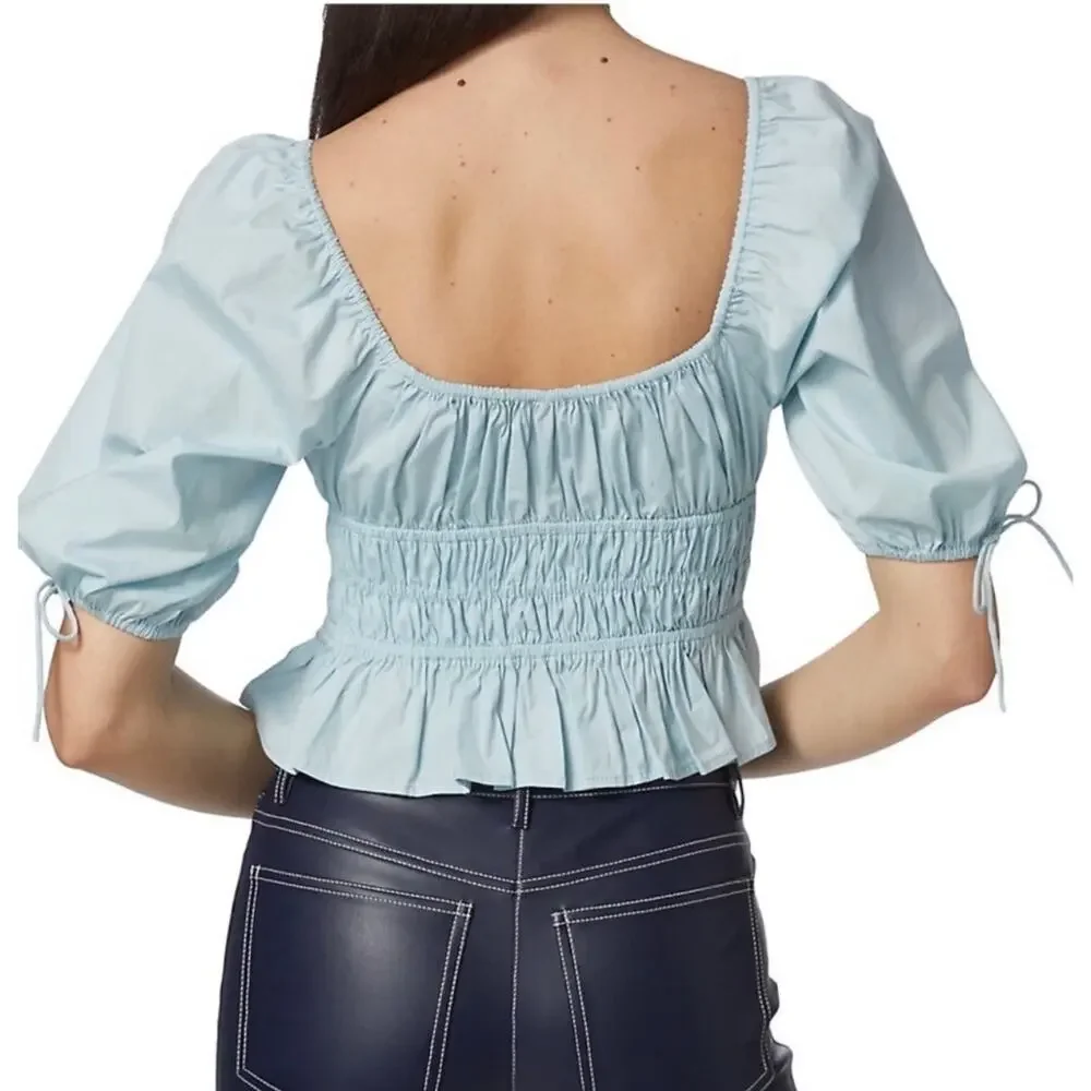 STAUD Blouse Light Blue Faye Gathered Puff-Sleeve Cotton Stretch New